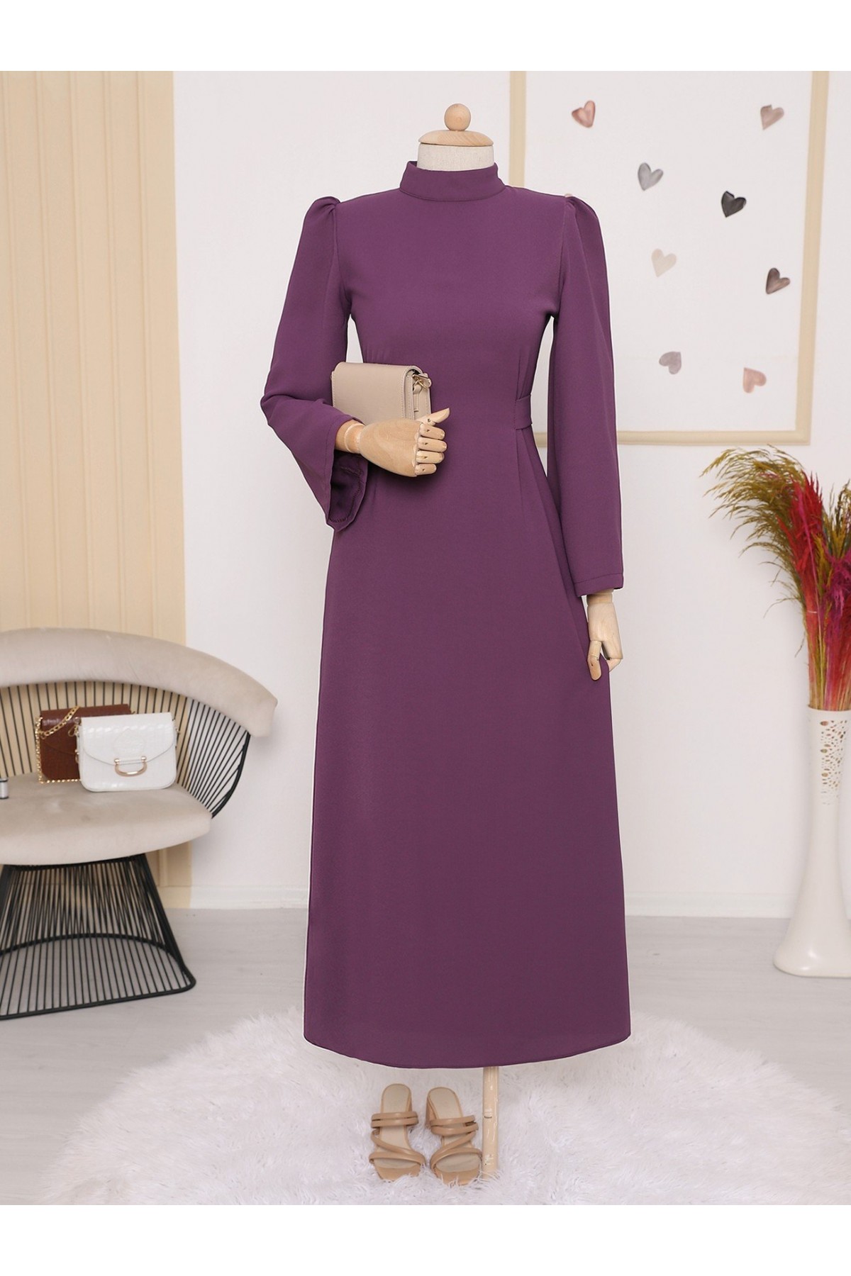 Hakim Yaka Belden Bağlamalı Elbise  -Mürdüm