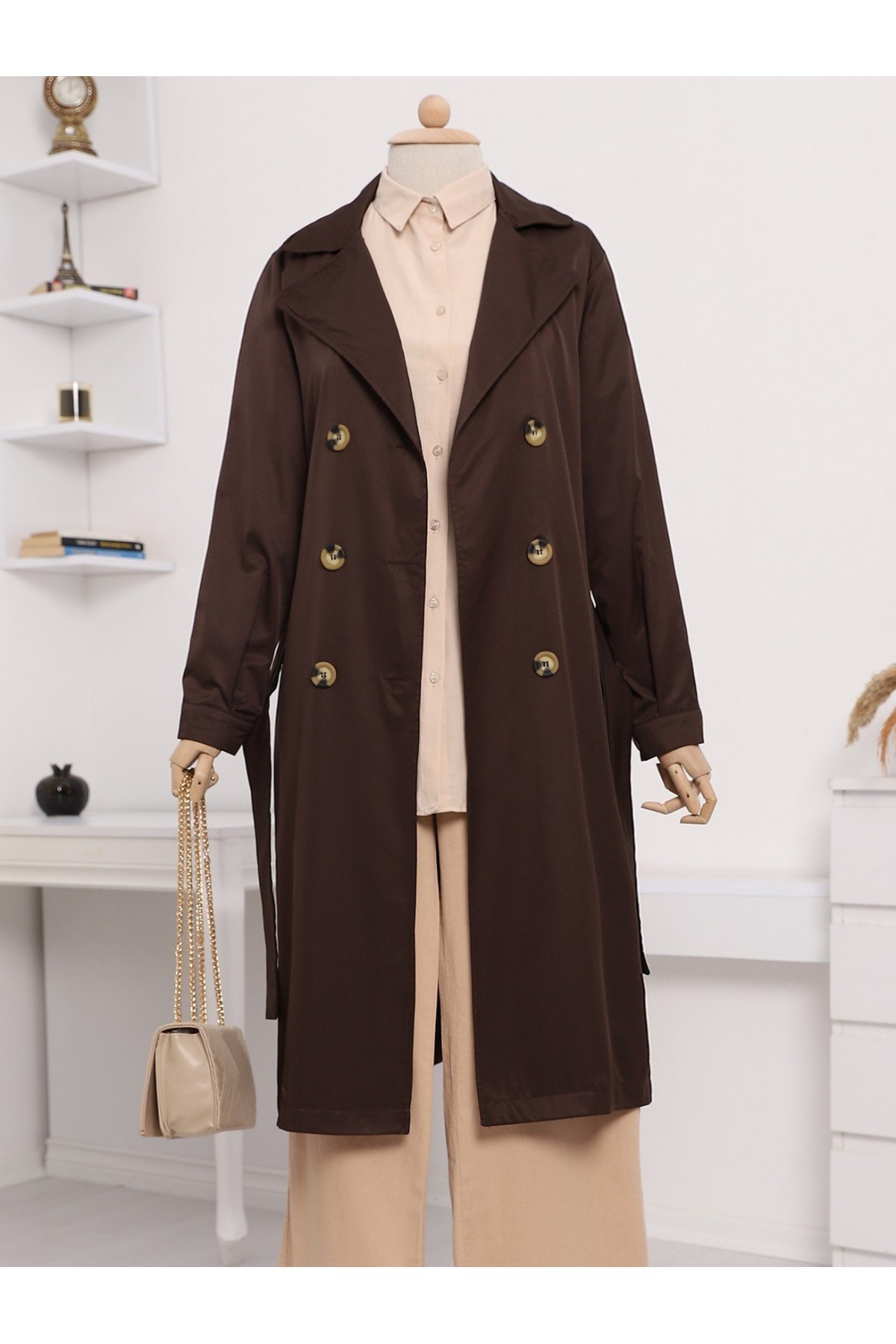 Çift Düğme Kemerli Uzun Trenckot -Kahve