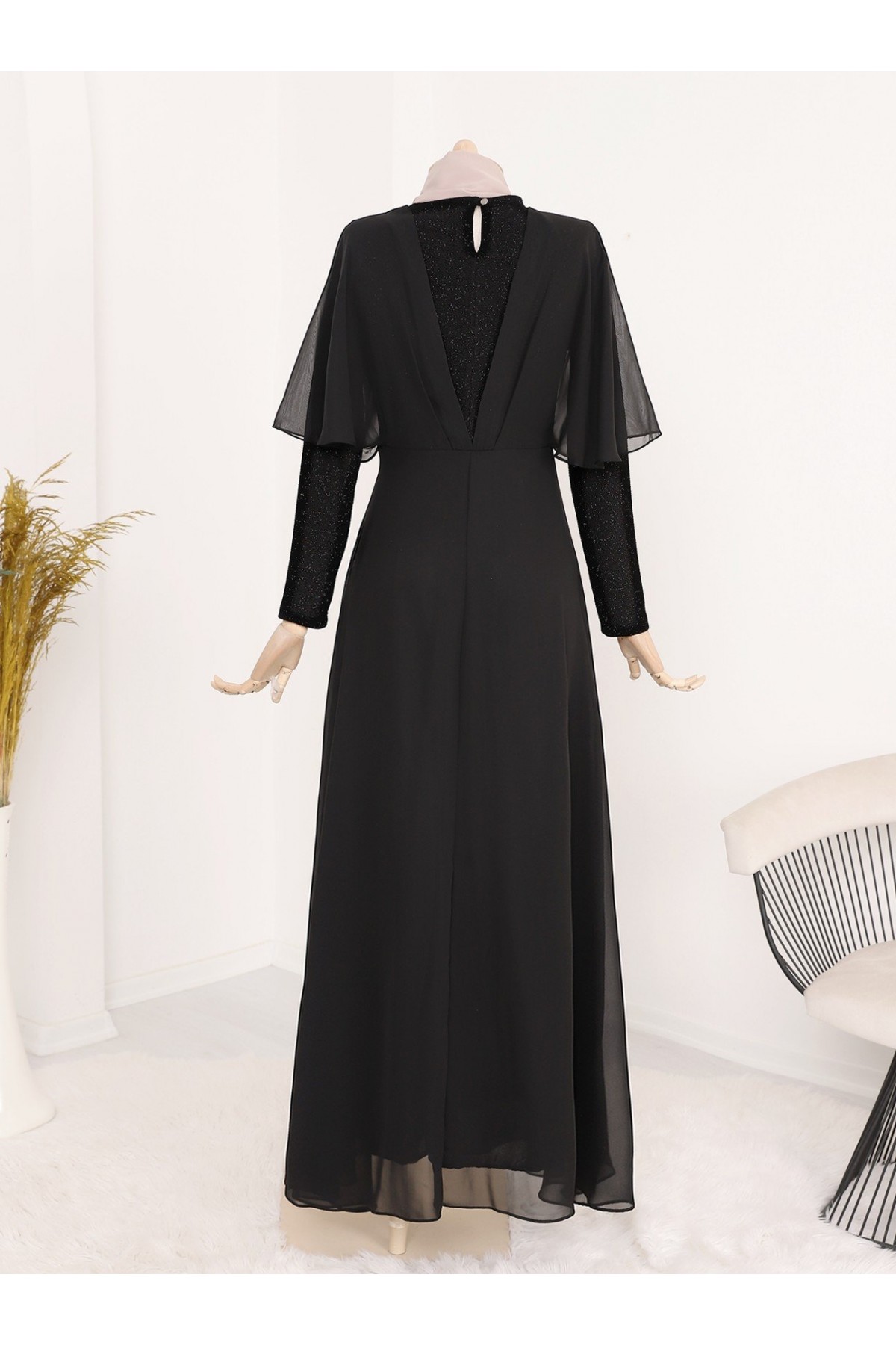 Simli Şifon Uzun Abiye -Siyah
