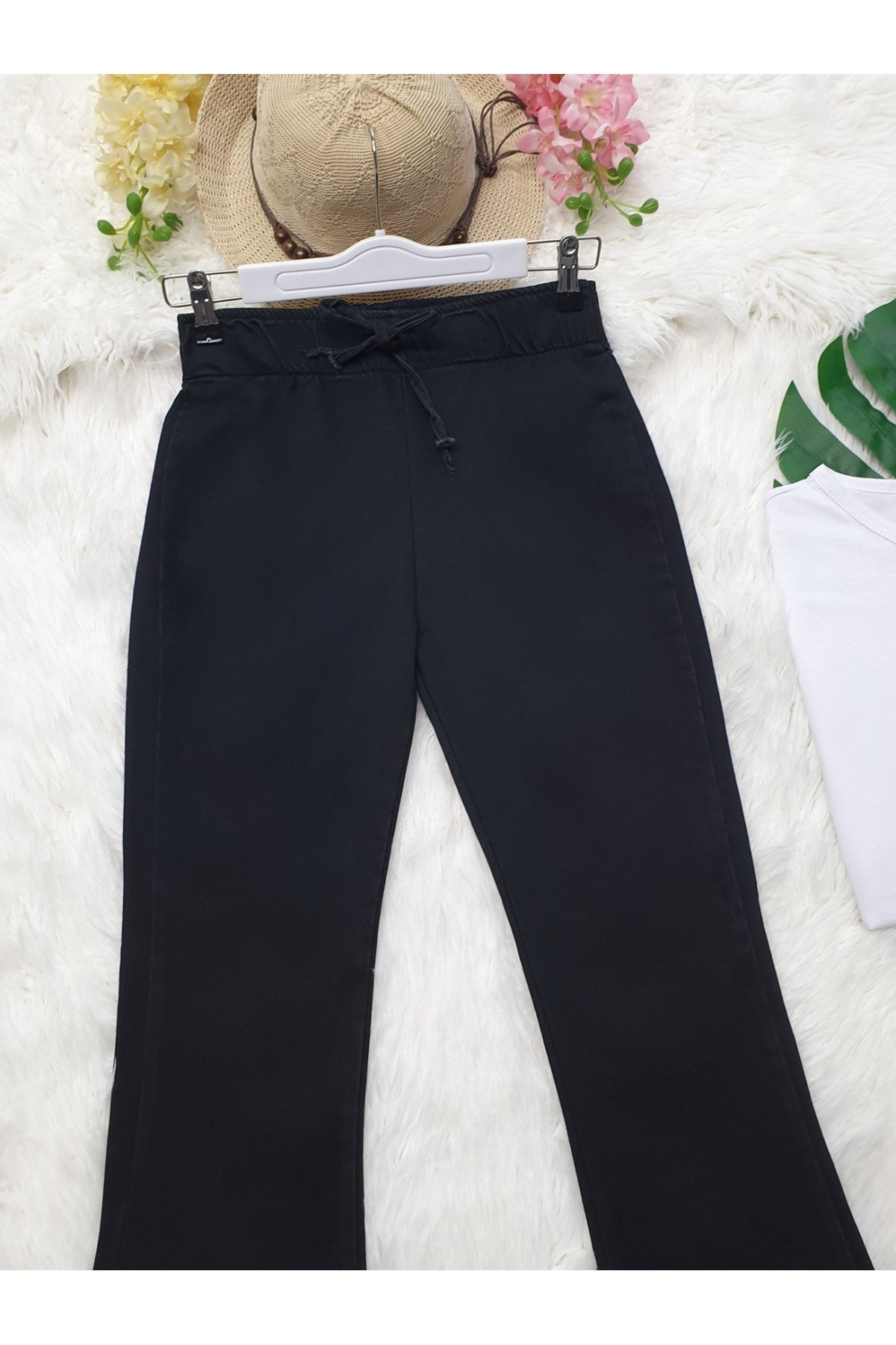 İspanyol Paça Bağcık Detaylı Kot Pantolon -Siyah