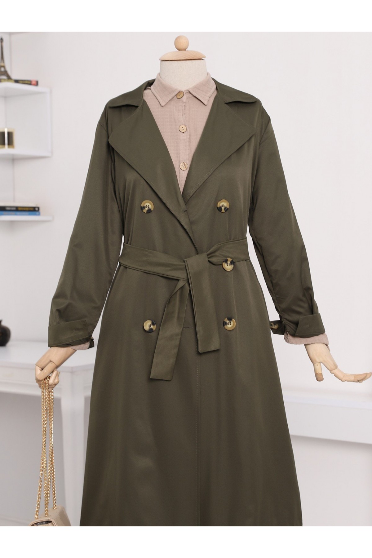 Çift Düğme Kemerli Uzun Trenckot -Haki