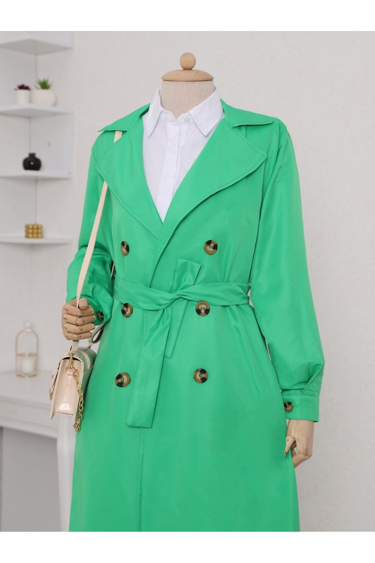 Çift Düğme Kemerli Uzun Trenckot  -Yeşil