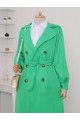 Çift Düğme Kemerli Uzun Trenckot  -Yeşil