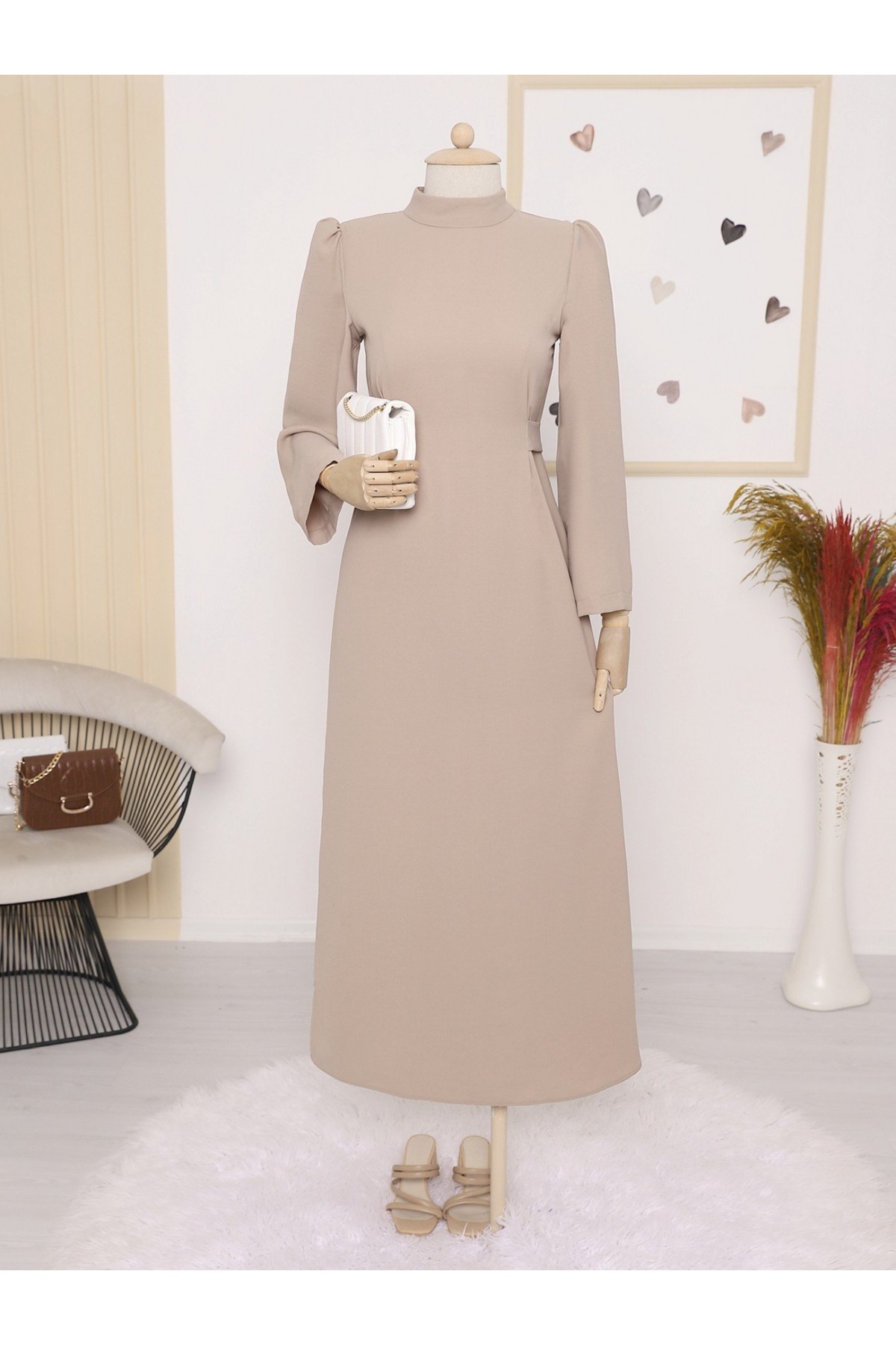 Hakim Yaka Belden Bağlamalı Elbise  -Vizon