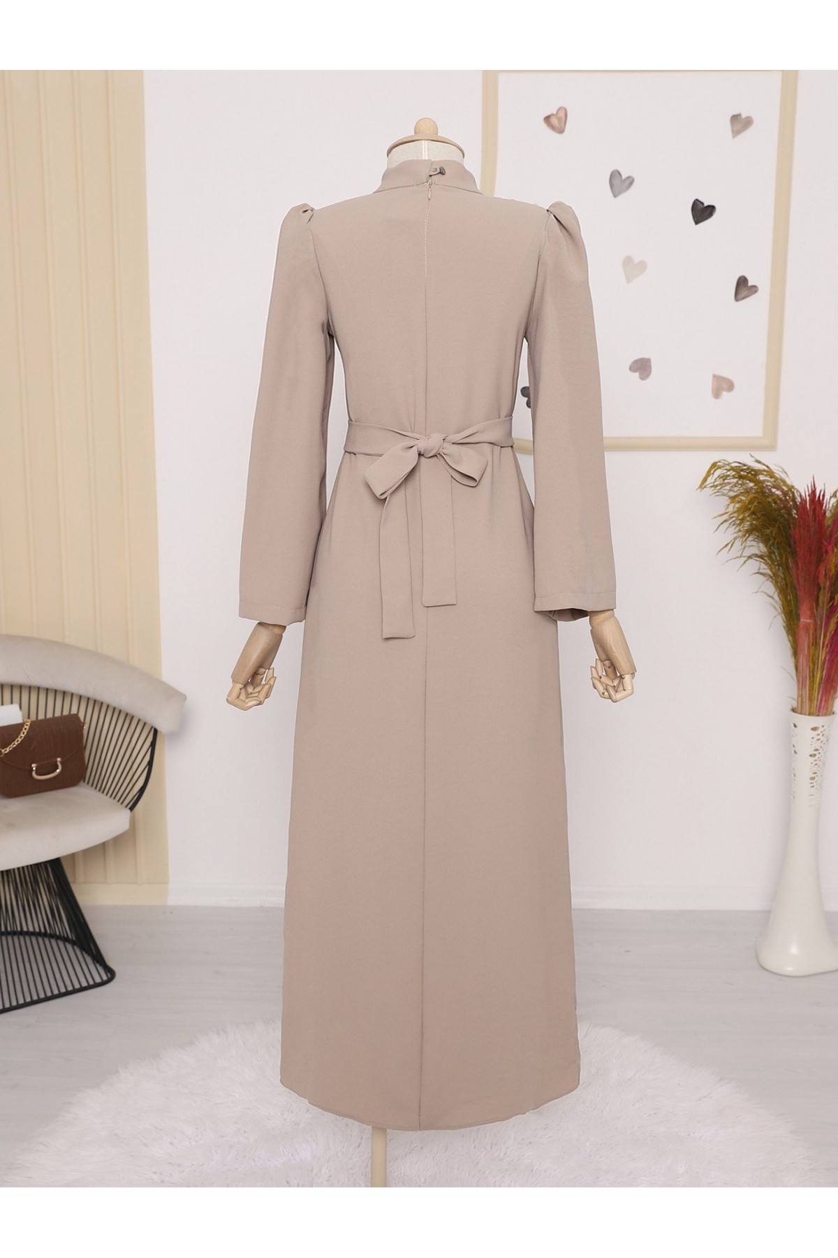 Hakim Yaka Belden Bağlamalı Elbise  -Vizon