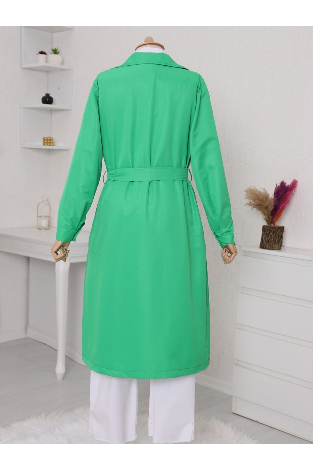 Çift Düğme Kemerli Uzun Trenckot  -Yeşil
