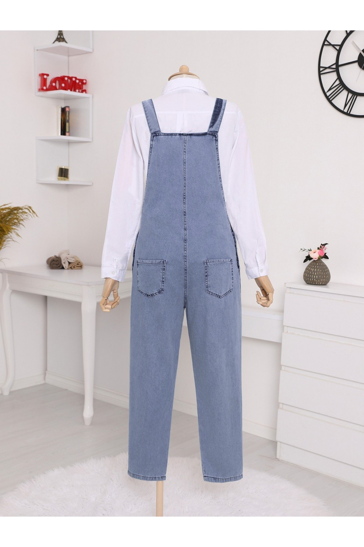 Ayıcık Detaylı Askılı Yanları Düğmeli Kot Tulum  -Buz Mavi