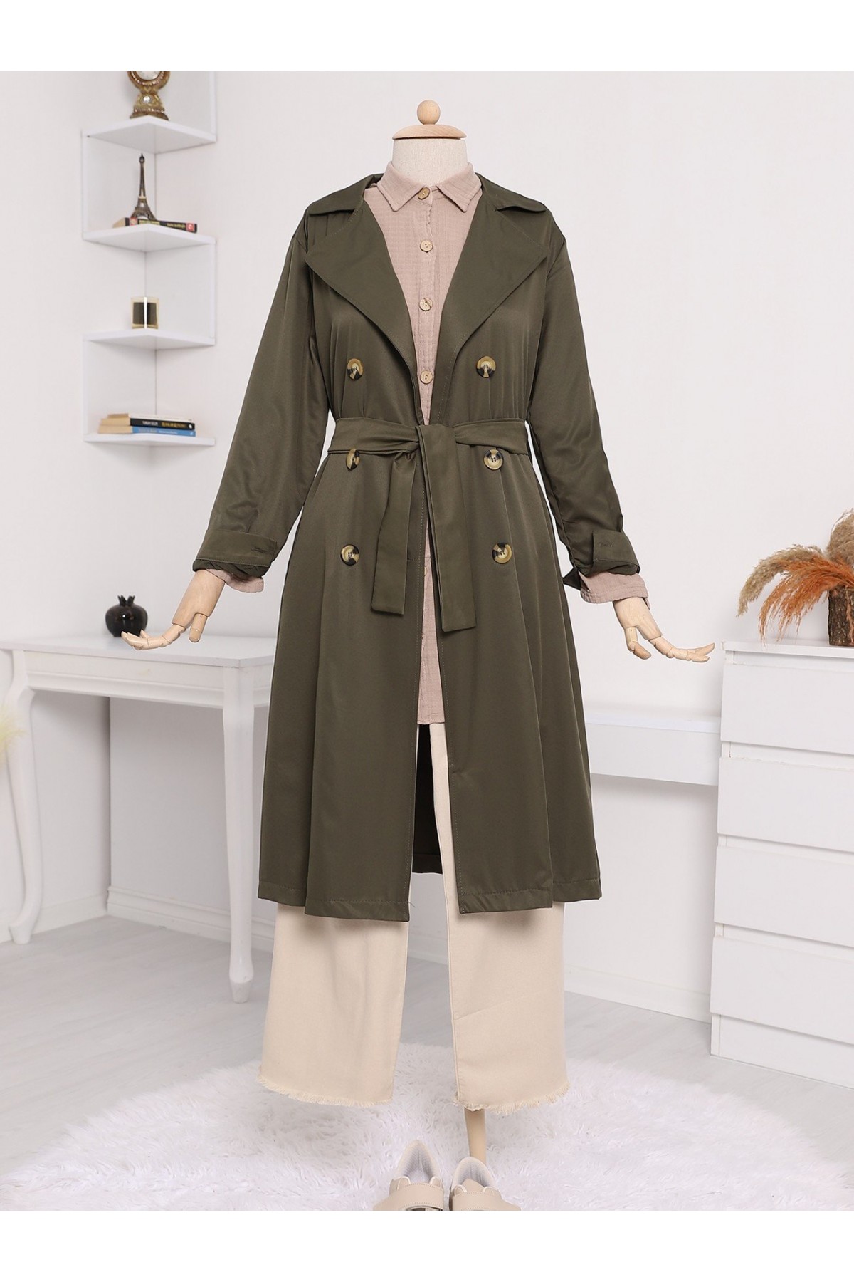Çift Düğme Kemerli Uzun Trenckot -Haki