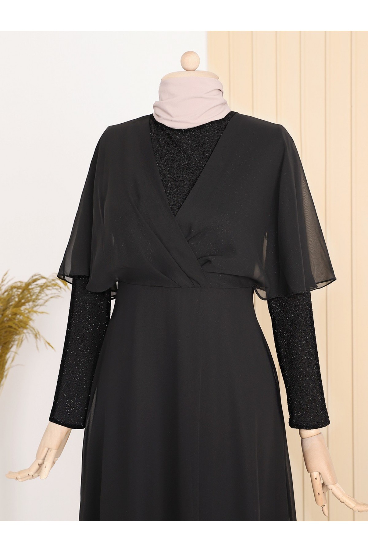 Simli Şifon Uzun Abiye -Siyah