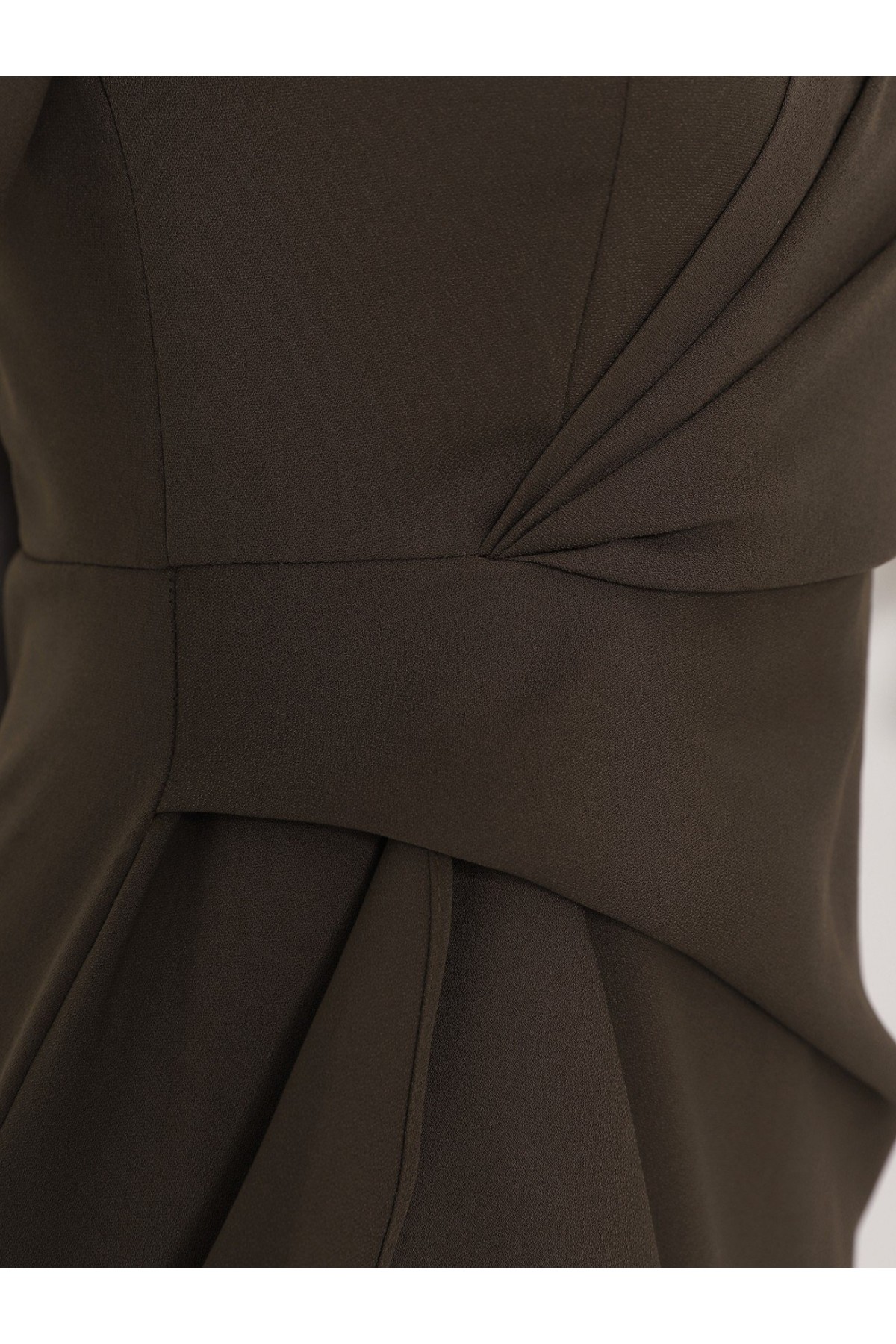 Önü Allerli Eteği Asimetrik Krep Elbise   -Kahve