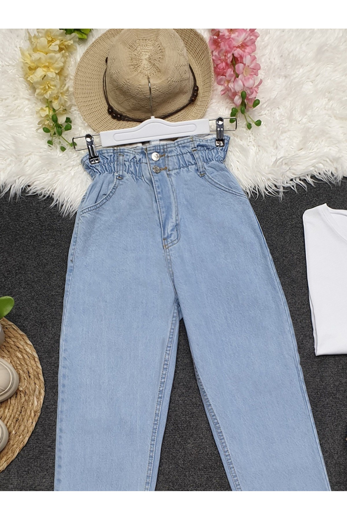 Beli Lastikli Yüksek Bel Kot Pantolon     -Açık Mavi