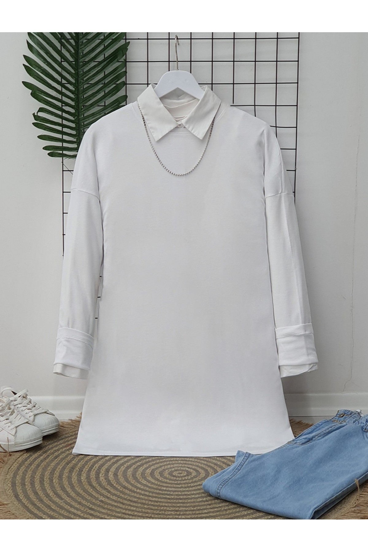 Uzun Kollu Düz Sweat -Beyaz