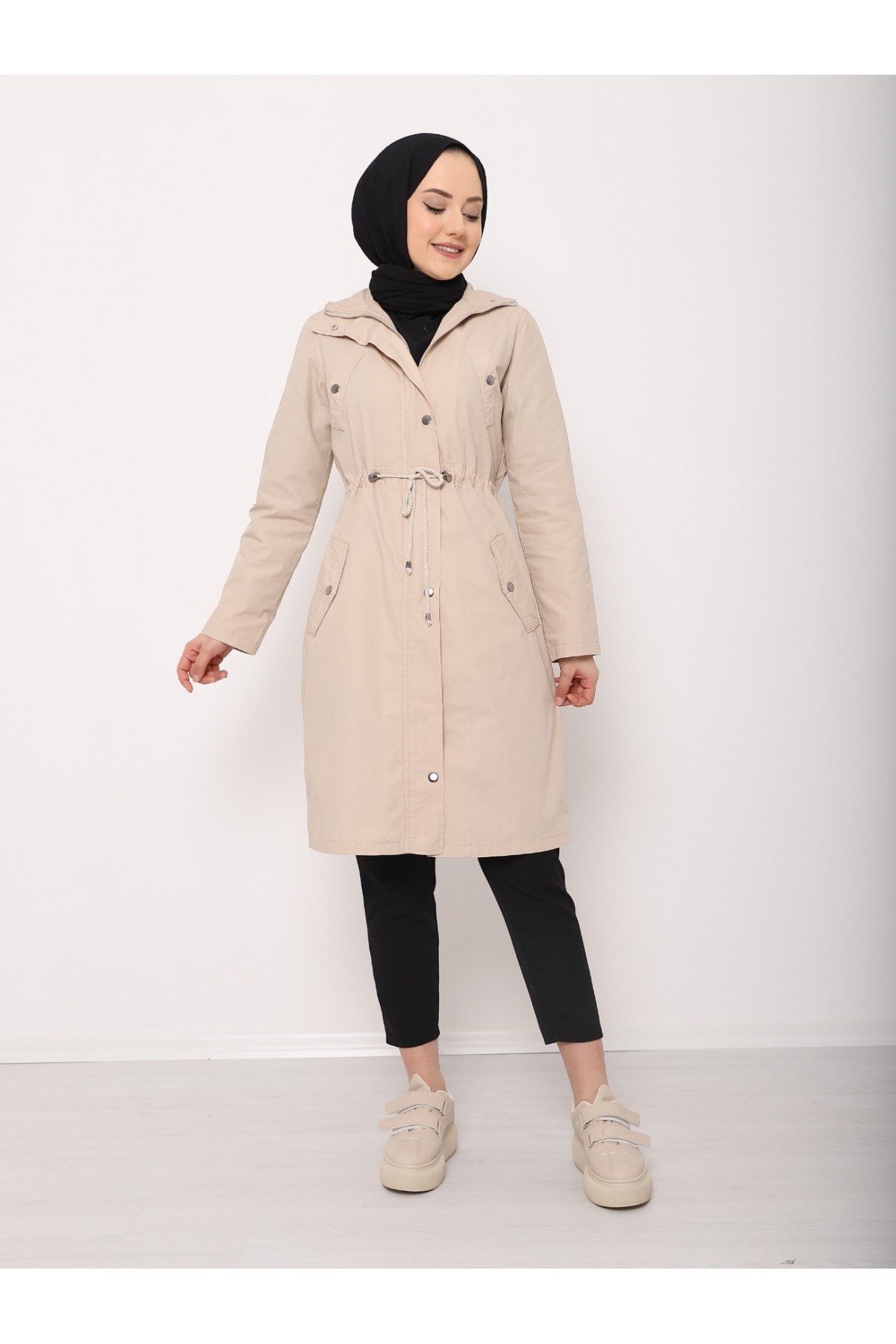 Tünel Bağcıklı Üst Cep Detaylı  Astarsız Yıkamalı Organik Koton Trenckot  -Taş