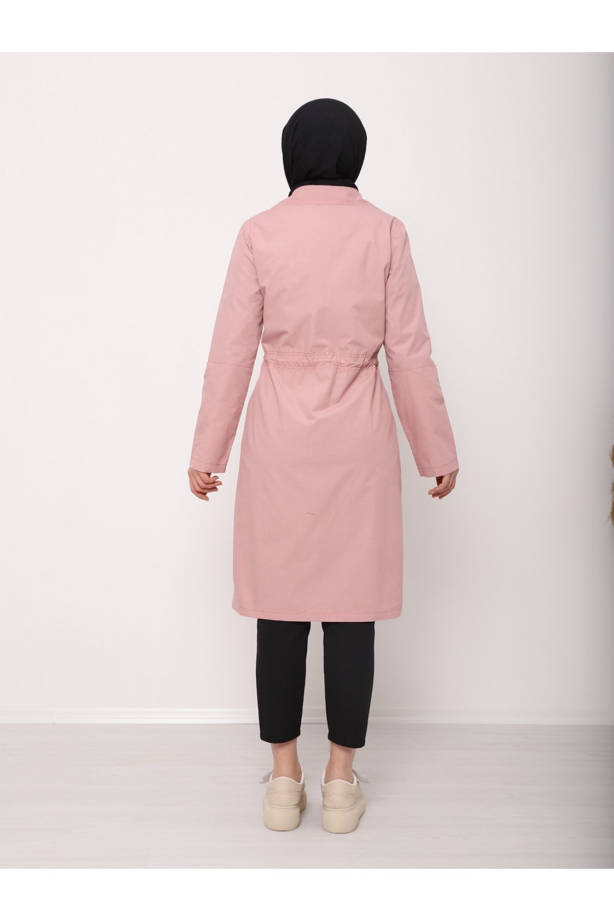 Tünel Bağcıklı Üst Cep Detaylı  Astarsız Yıkamalı Organik Koton Trenckot  -Pudra