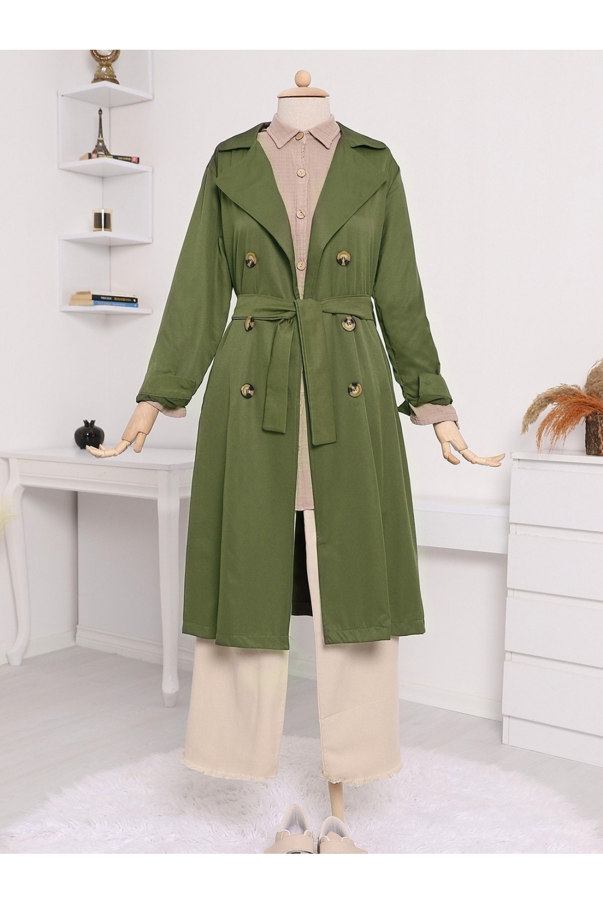 Çift Düğme Kemerli Uzun Trenckot   -Kamuflaj