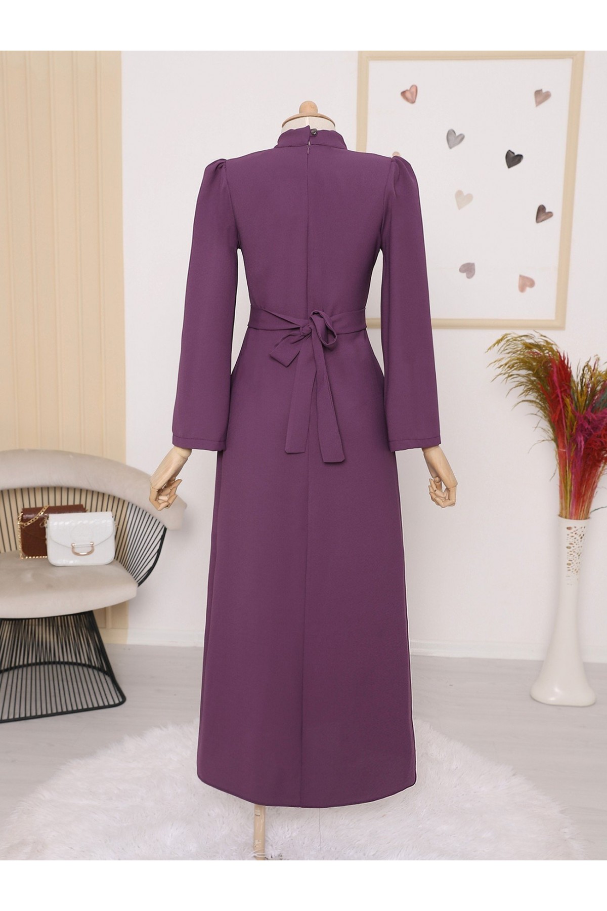 Hakim Yaka Belden Bağlamalı Elbise  -Mürdüm