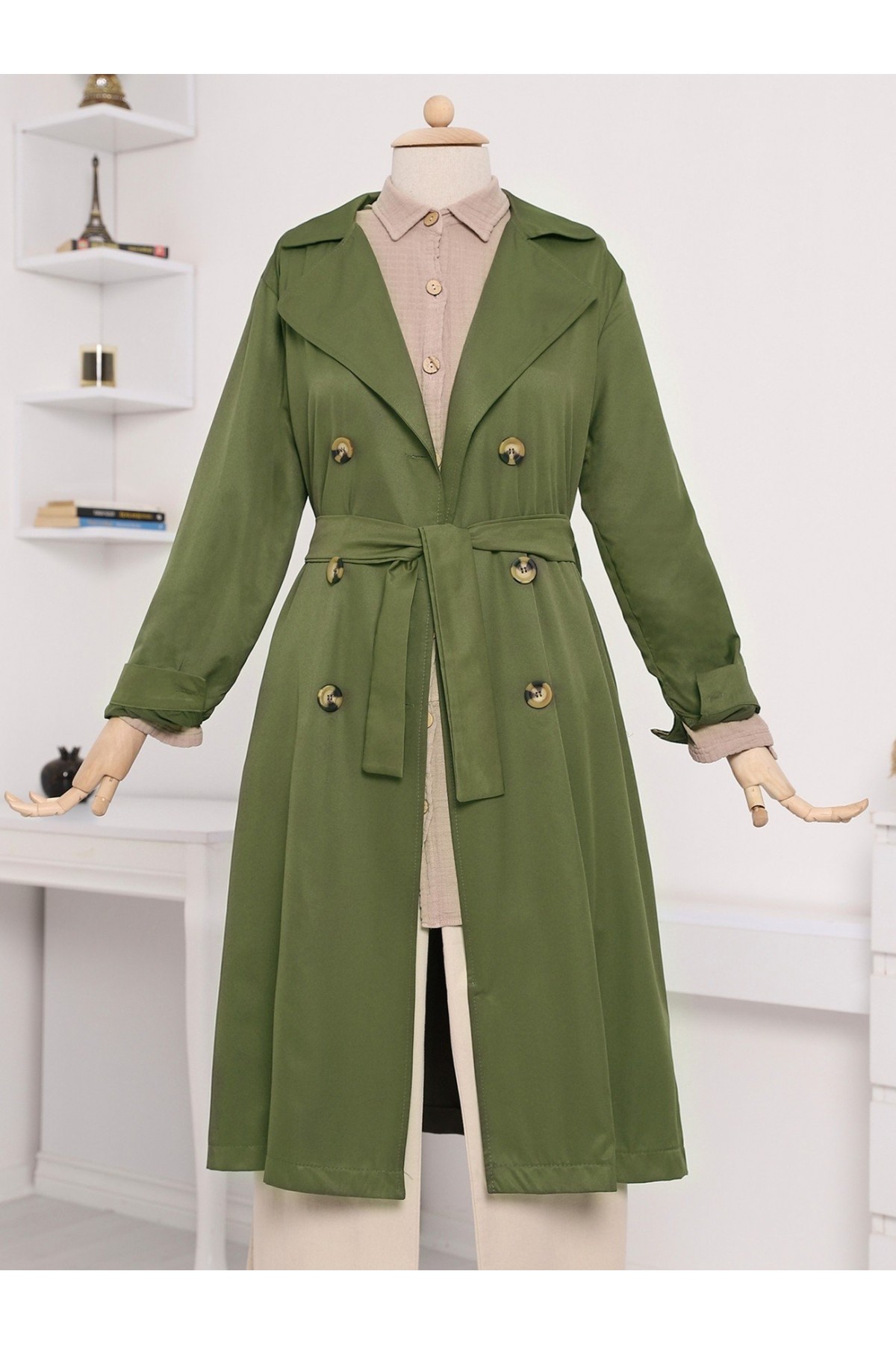 Çift Düğme Kemerli Uzun Trenckot   -Kamuflaj