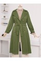 Çift Düğme Kemerli Uzun Trenckot   -Kamuflaj