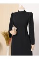 Hakim Yaka Belden Bağlamalı Elbise -Siyah