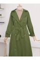 Çift Düğme Kemerli Uzun Trenckot   -Kamuflaj