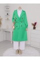 Çift Düğme Kemerli Uzun Trenckot  -Yeşil