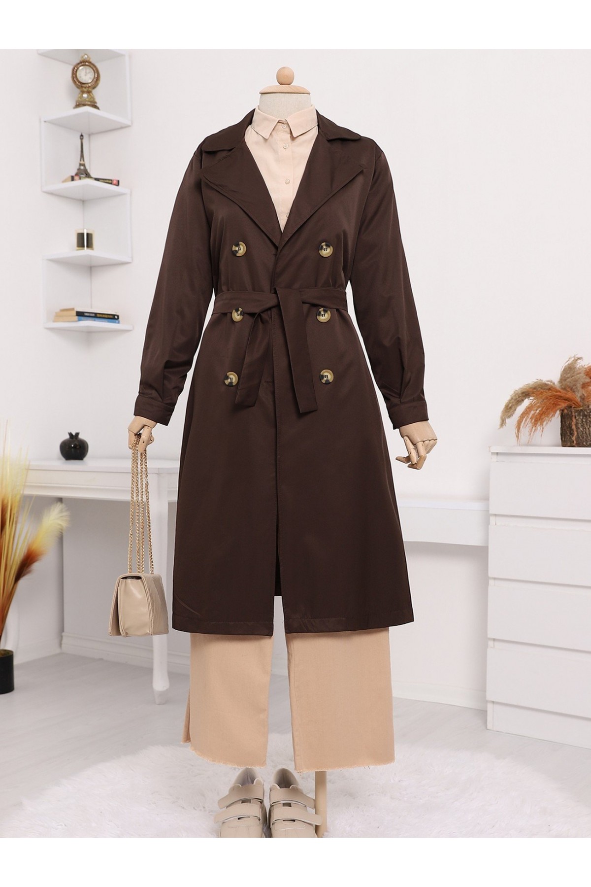 Çift Düğme Kemerli Uzun Trenckot -Kahve