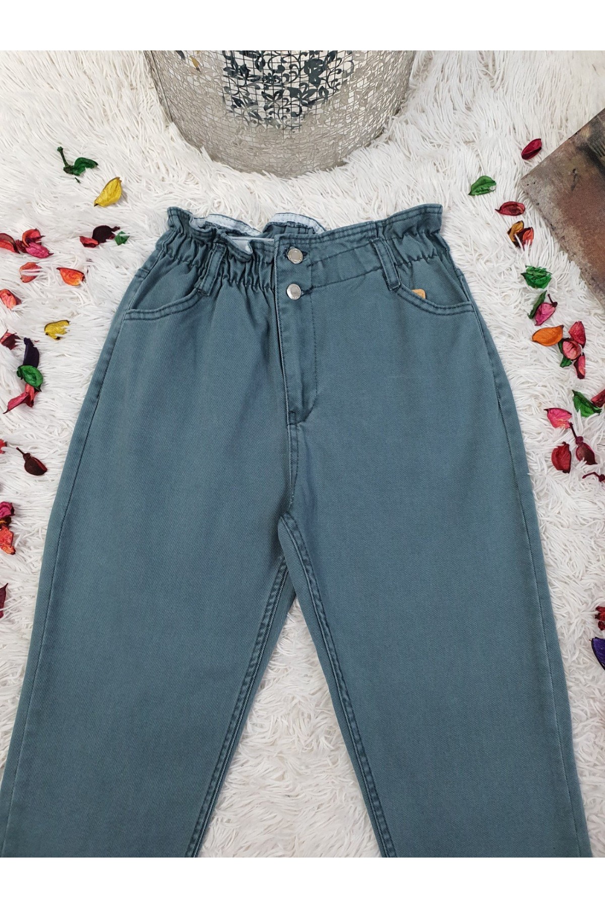 Beli Lastikli Yüksek Bel Kot Pantolon    -Mint