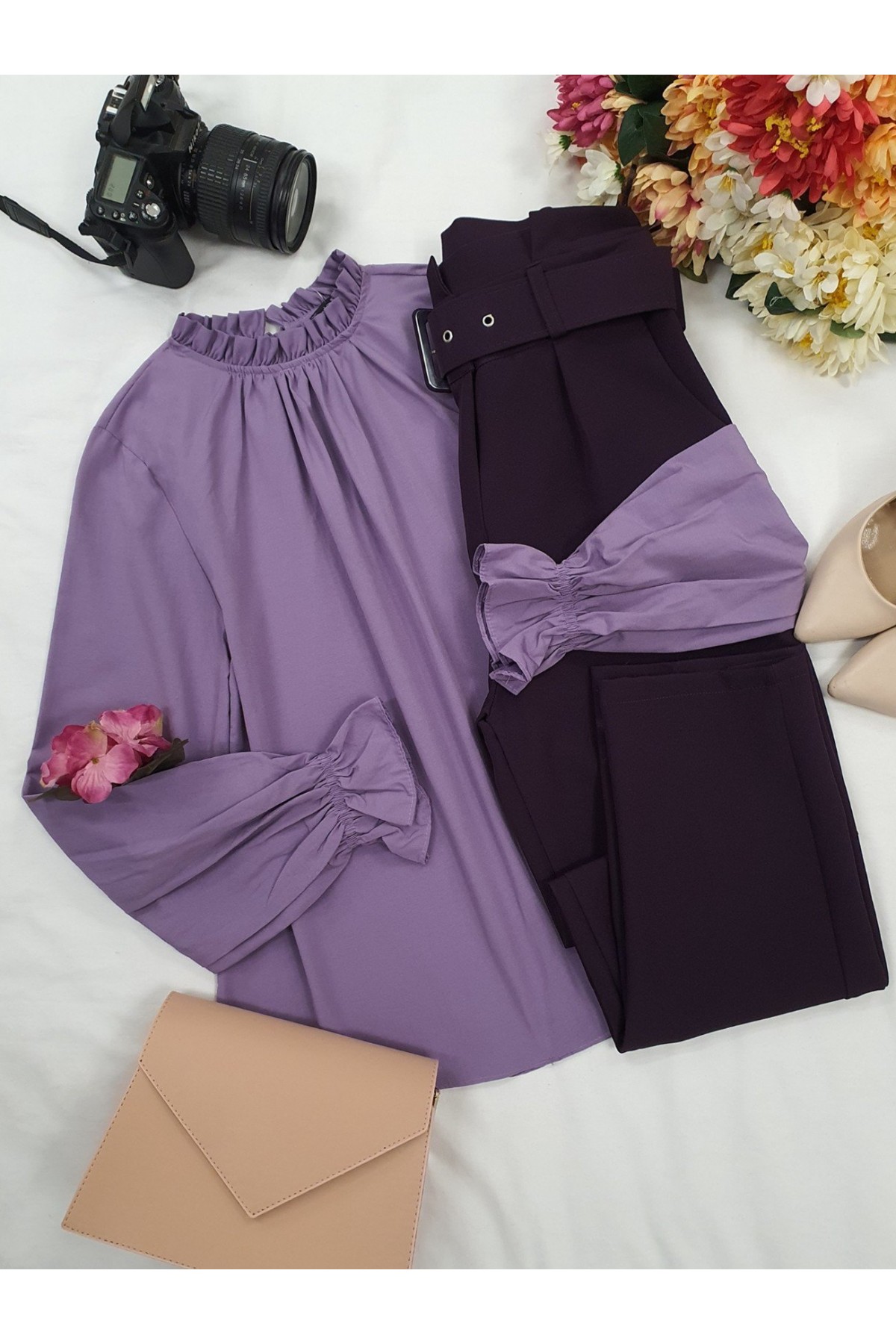 Yakası Büzgülü Bluz -Lila