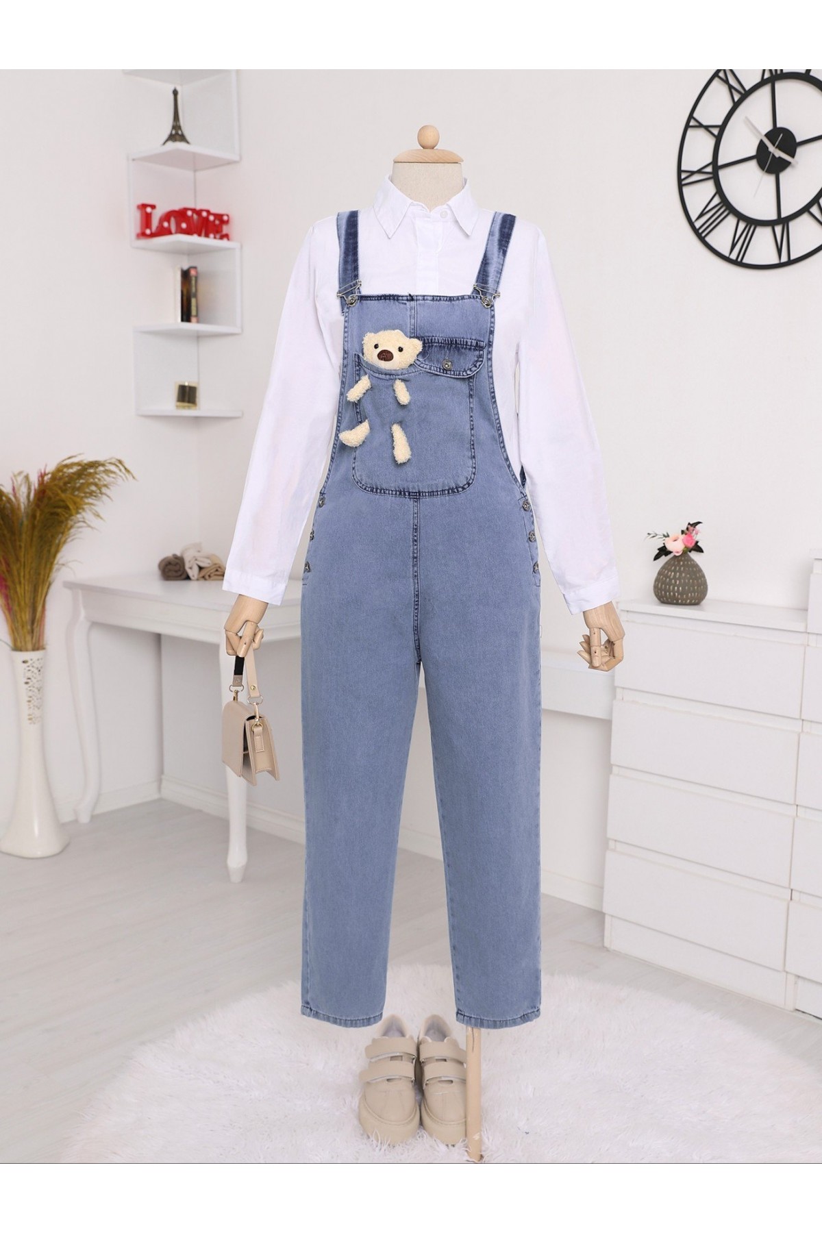 Ayıcık Detaylı Askılı Yanları Düğmeli Kot Tulum  -Buz Mavi