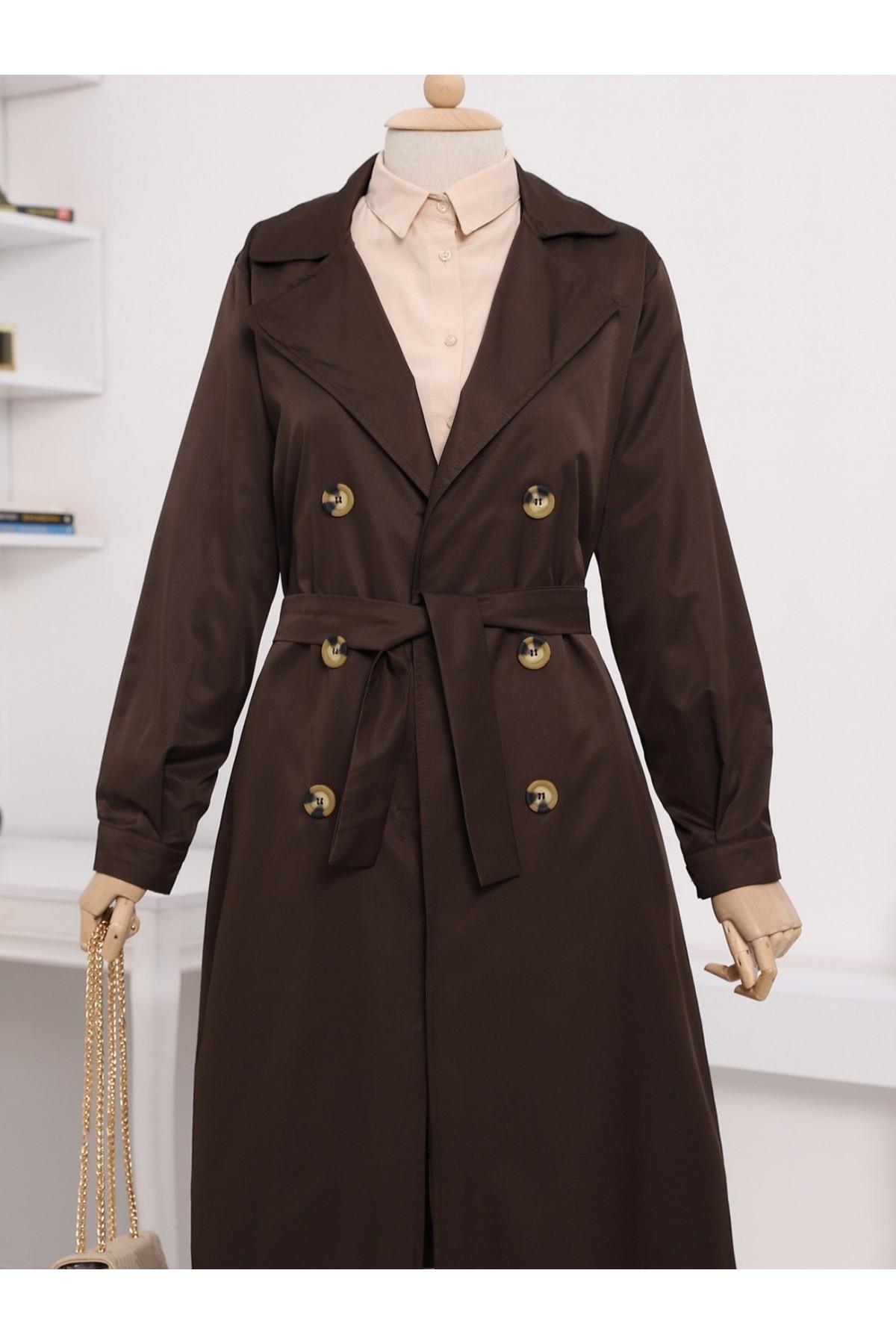 Çift Düğme Kemerli Uzun Trenckot -Kahve
