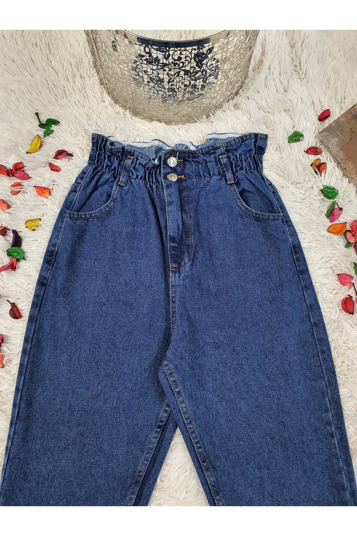 Beli Lastikli Yüksek Bel Kot Pantolon    -Koyu Mavi