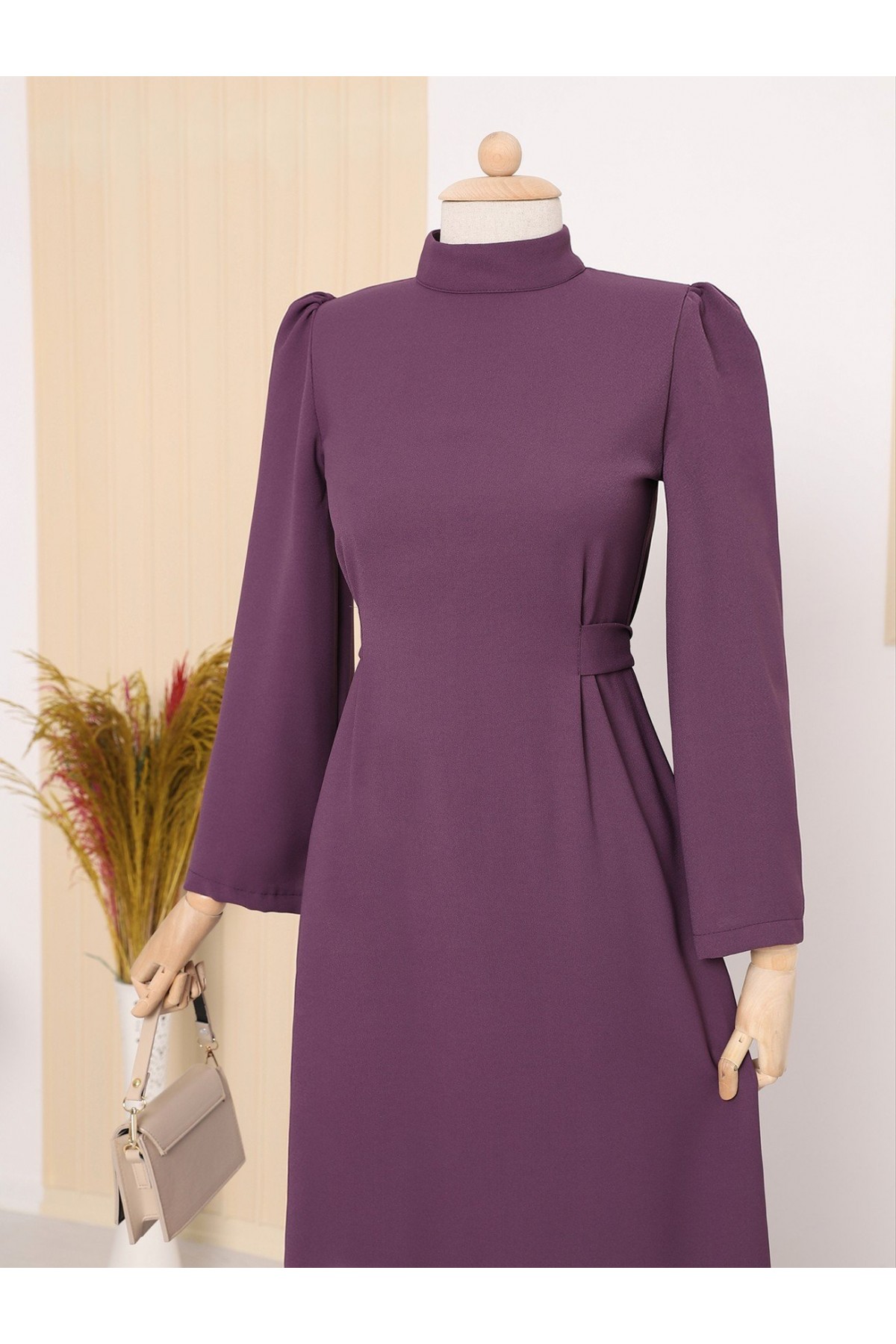 Hakim Yaka Belden Bağlamalı Elbise  -Mürdüm