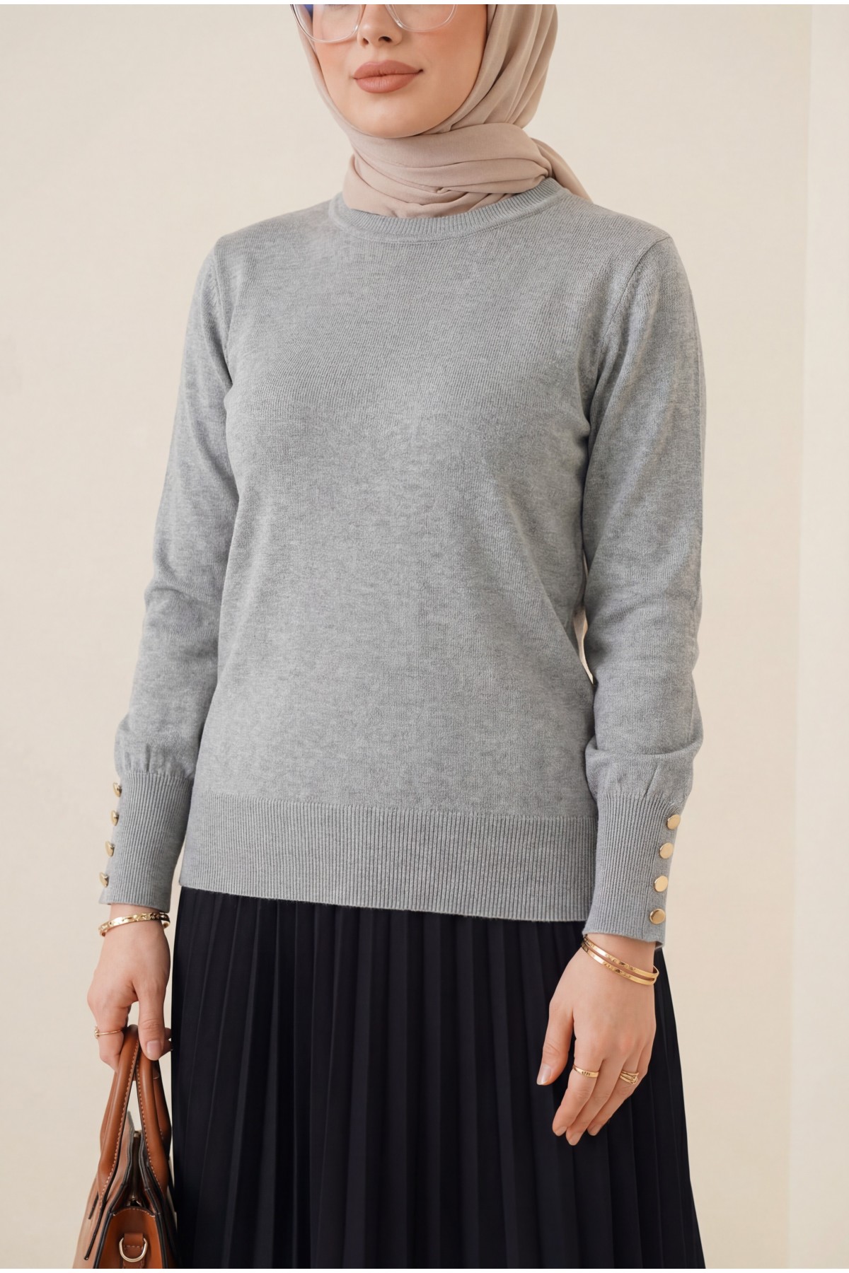 Yuvarlak Yaka Kolu Düğme Detaylı Triko Tunik  -Açık Gri