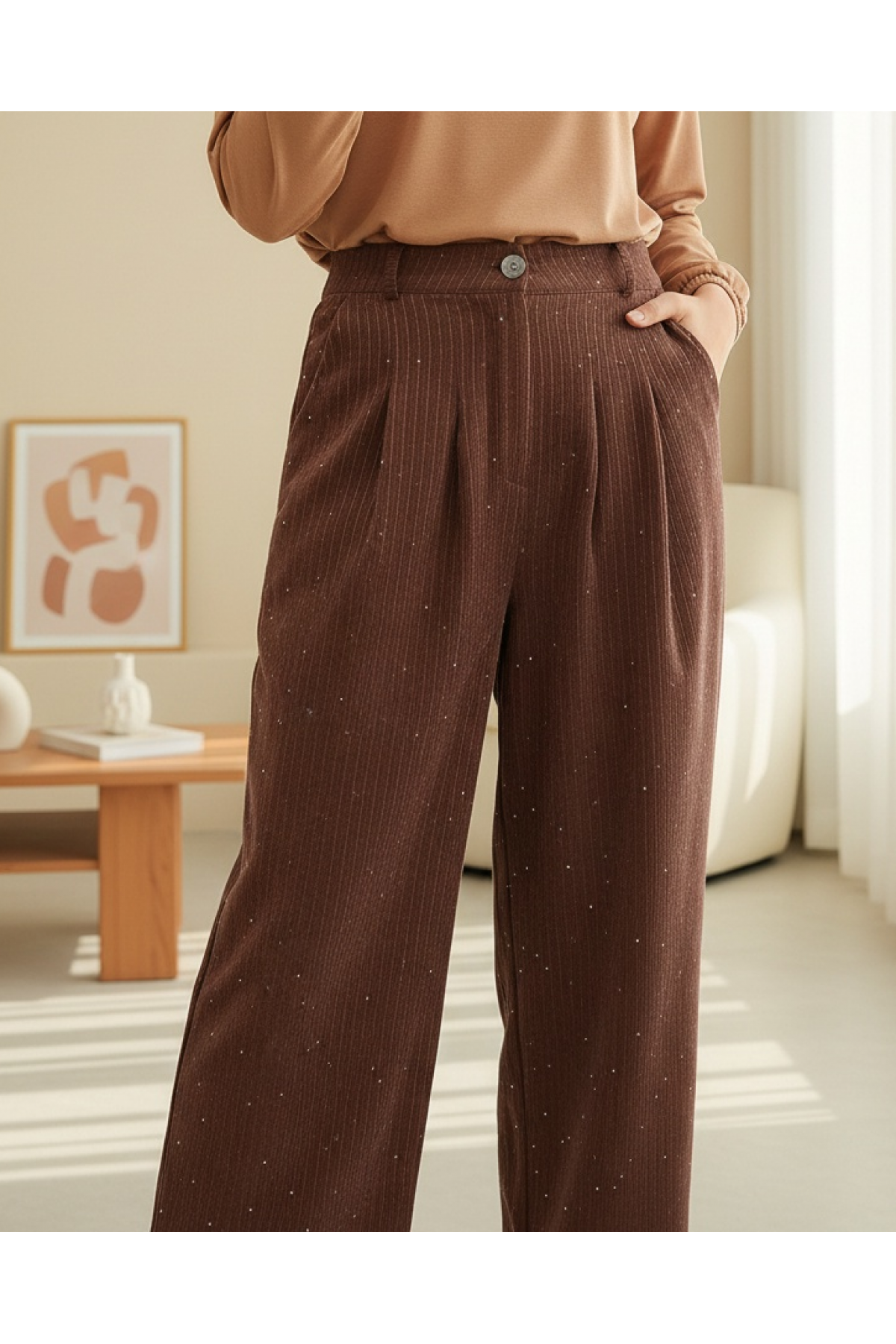 Cepli Bol Paça Pul Detaylı Kadife Pantolon  -Kiremit