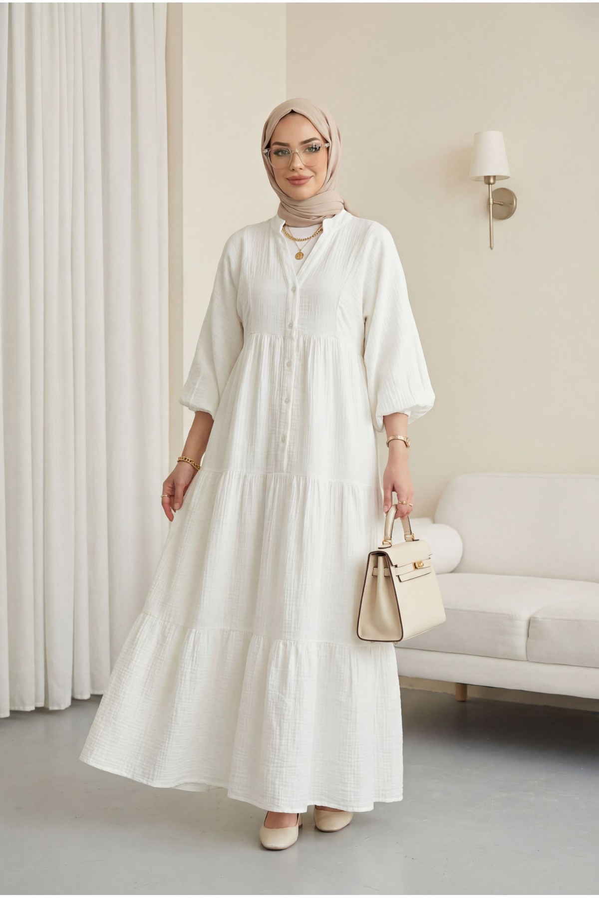 V Yaka Yarım Düğmeli Kolu Lastikli Parçalı Müslin Elbise   -Beyaz