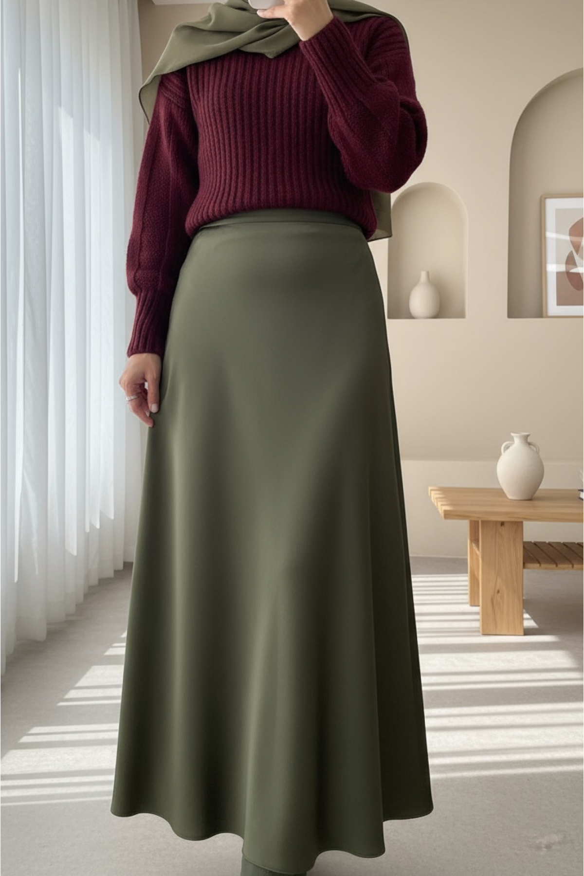 Beli Lastikli Saten Etek -Haki