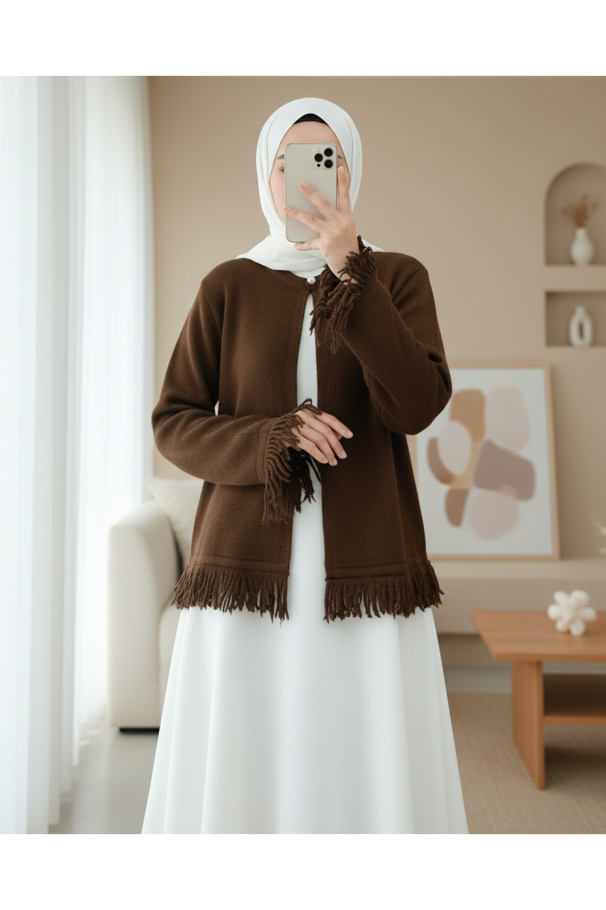 Tek Düğmeli Saçaklı Yumoş Triko Hırka   -Kahve