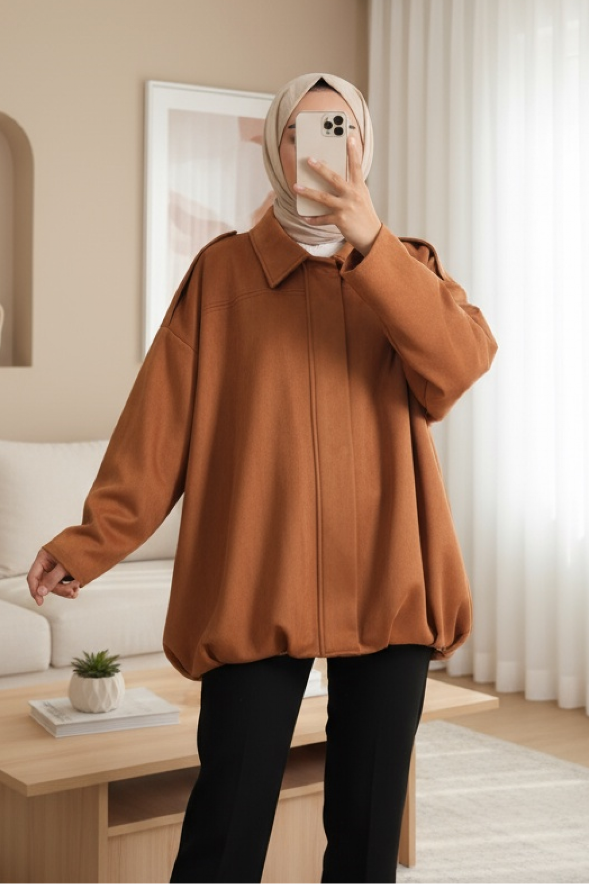 Omzu Apoletli Önü Fermuarlı Astarlı Süet Ceket -Taba