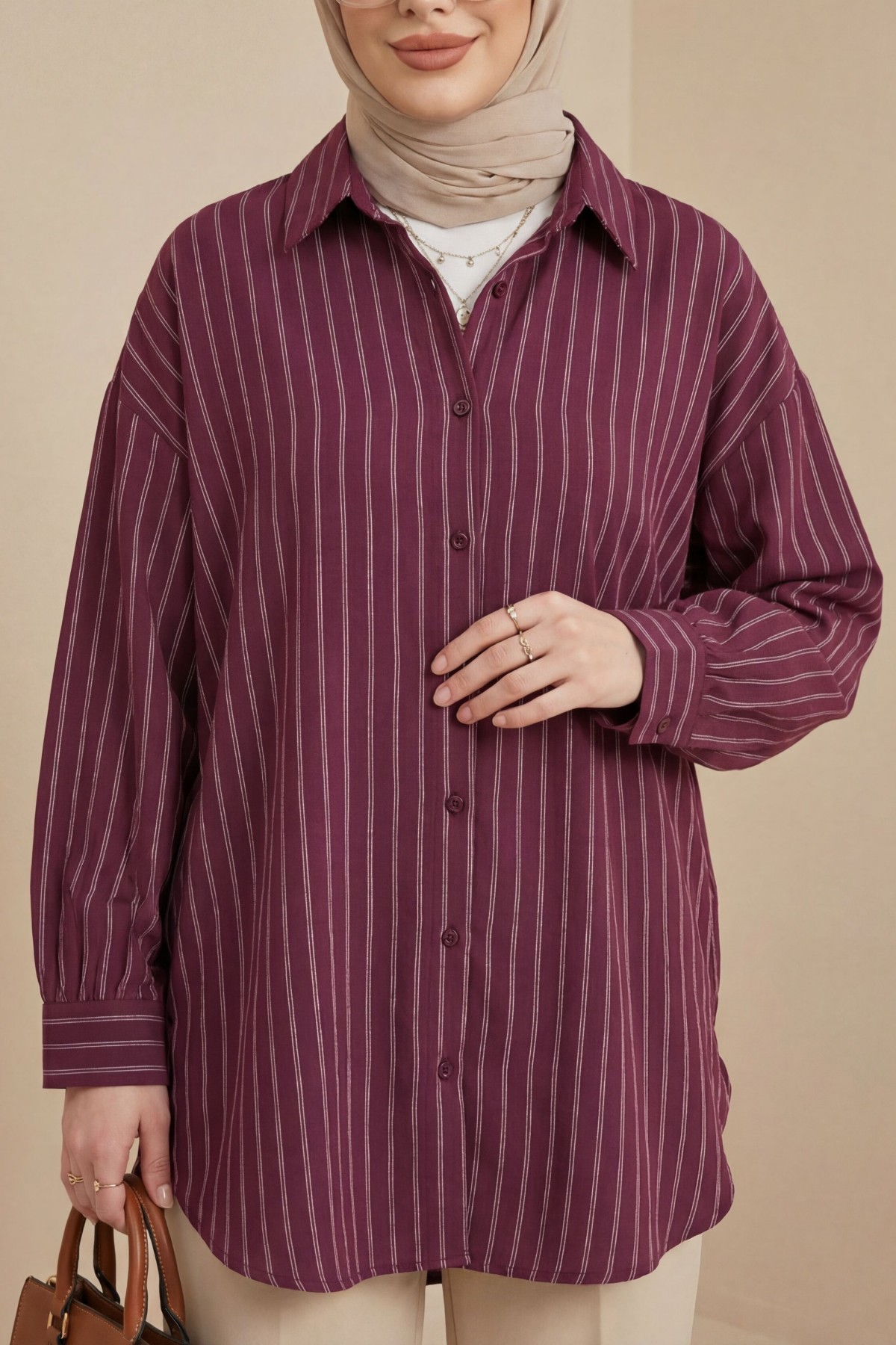 Çizgili Yırtmaçlı Salaş Linda Gömlek -Bordo