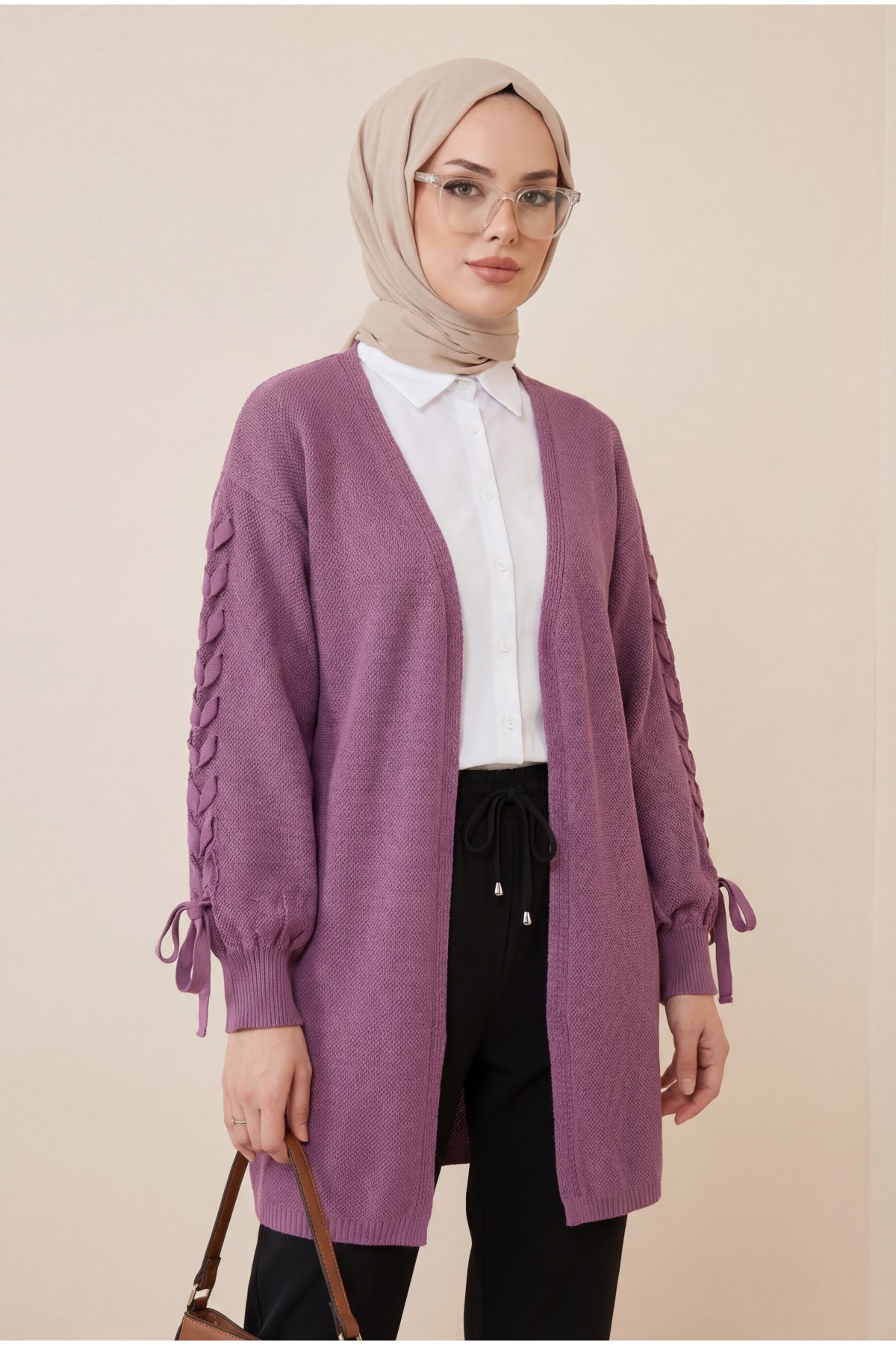 Kolu Saç Örgülü Salaş Triko Hırka -Mürdüm