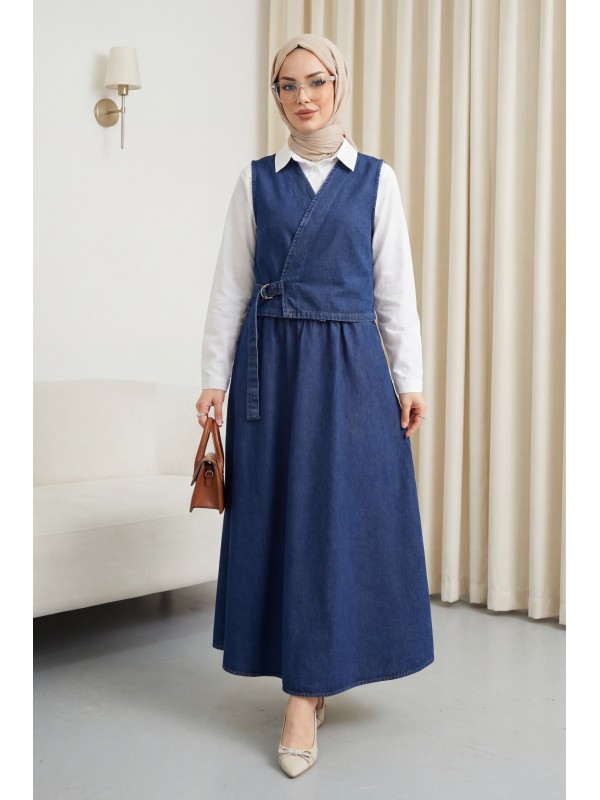 Yandan Bağlamalı Yelek Etek Kot Takım  -Laci