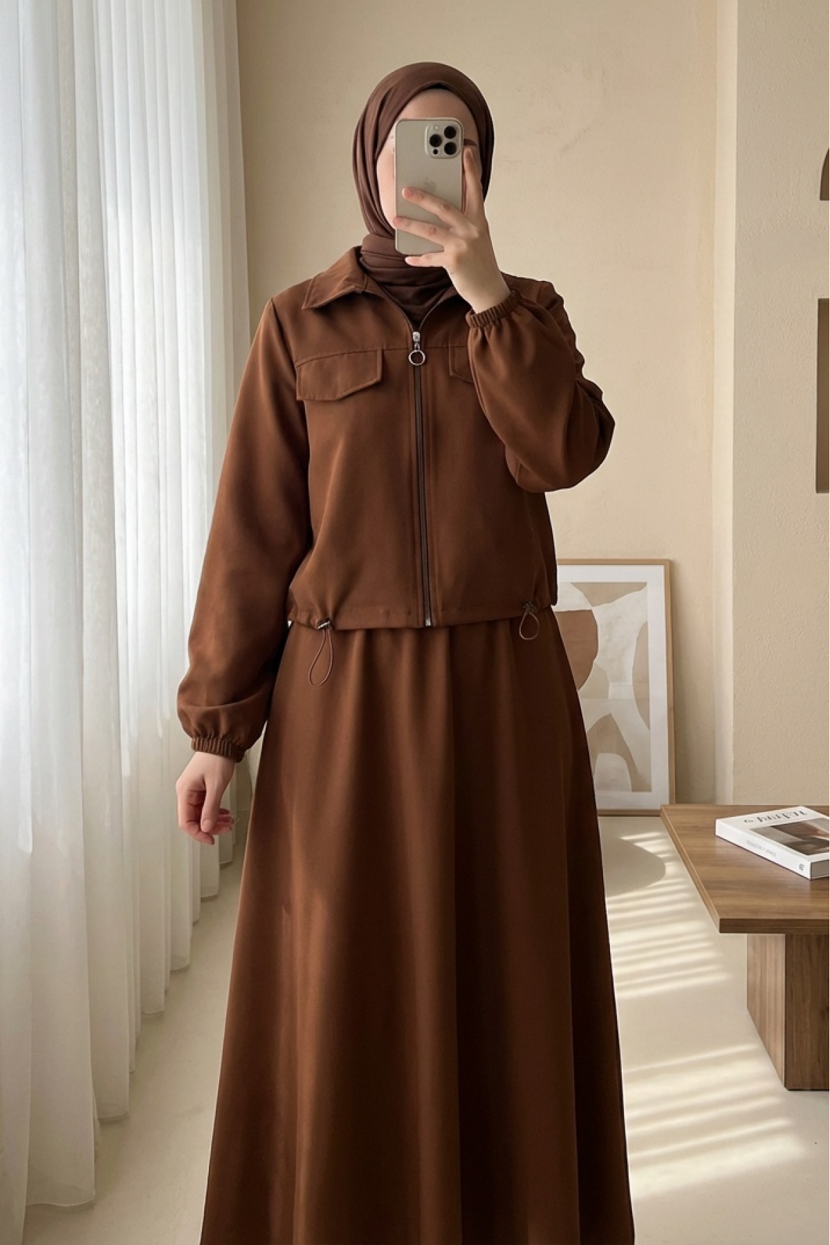 Önü Fermuarlı Beli Ve Kolu Lastikli Cep Detaylı Dabıl İkili Takım -Taba