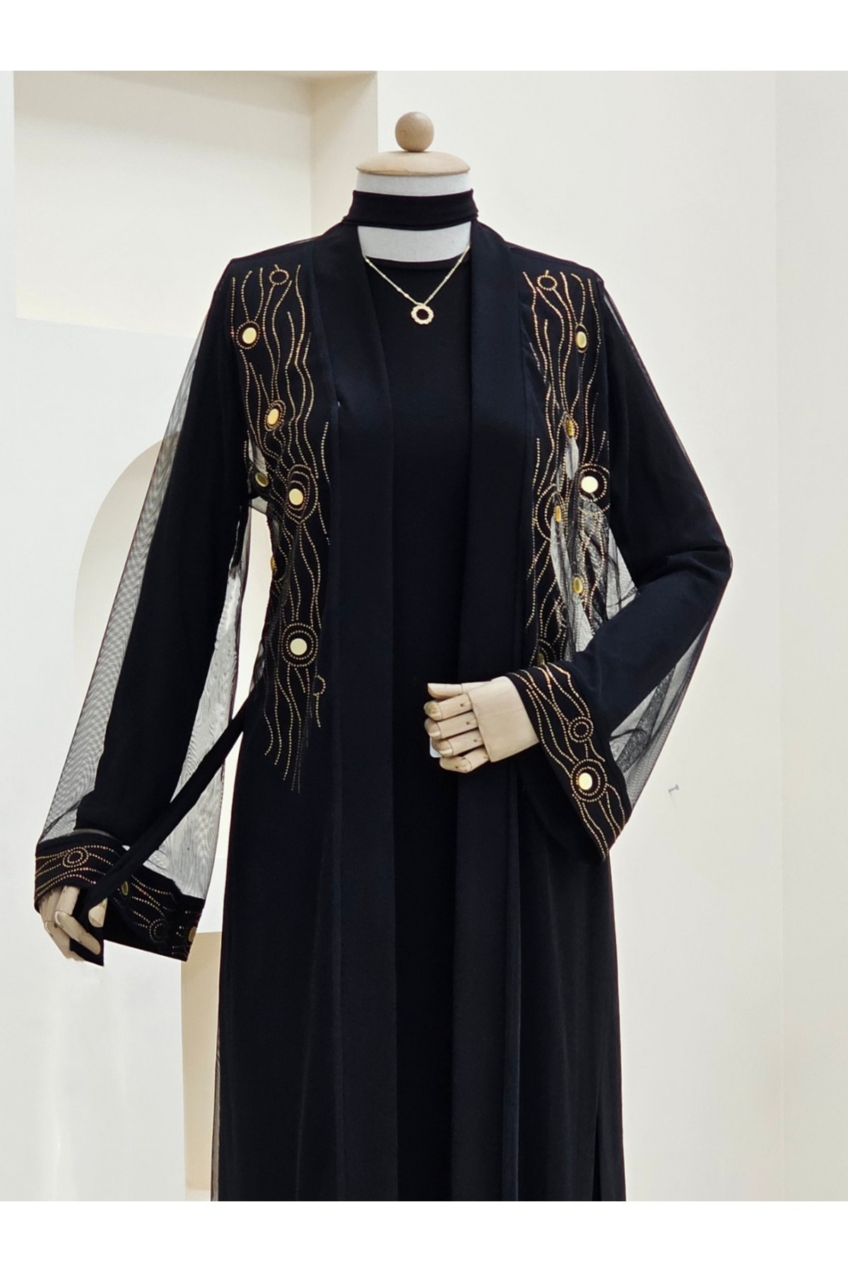 Önü Ve Manşeti Taşlı Abaya  -Bakır