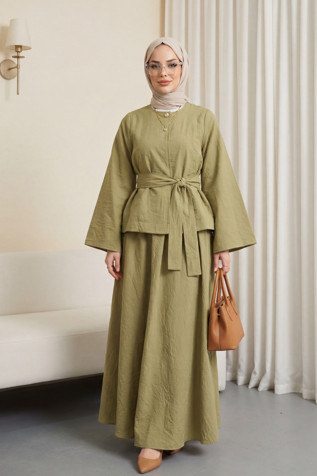 Tek Düğmeli Kuşaklı Etekliİkili Takım -Yağ Yeşili