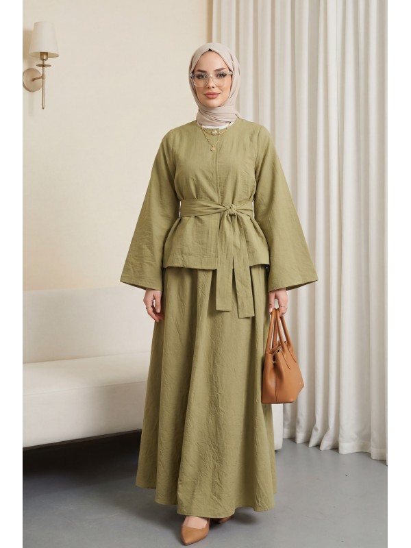 Tek Düğmeli Kuşaklı Etekliİkili Takım -Yağ Yeşili