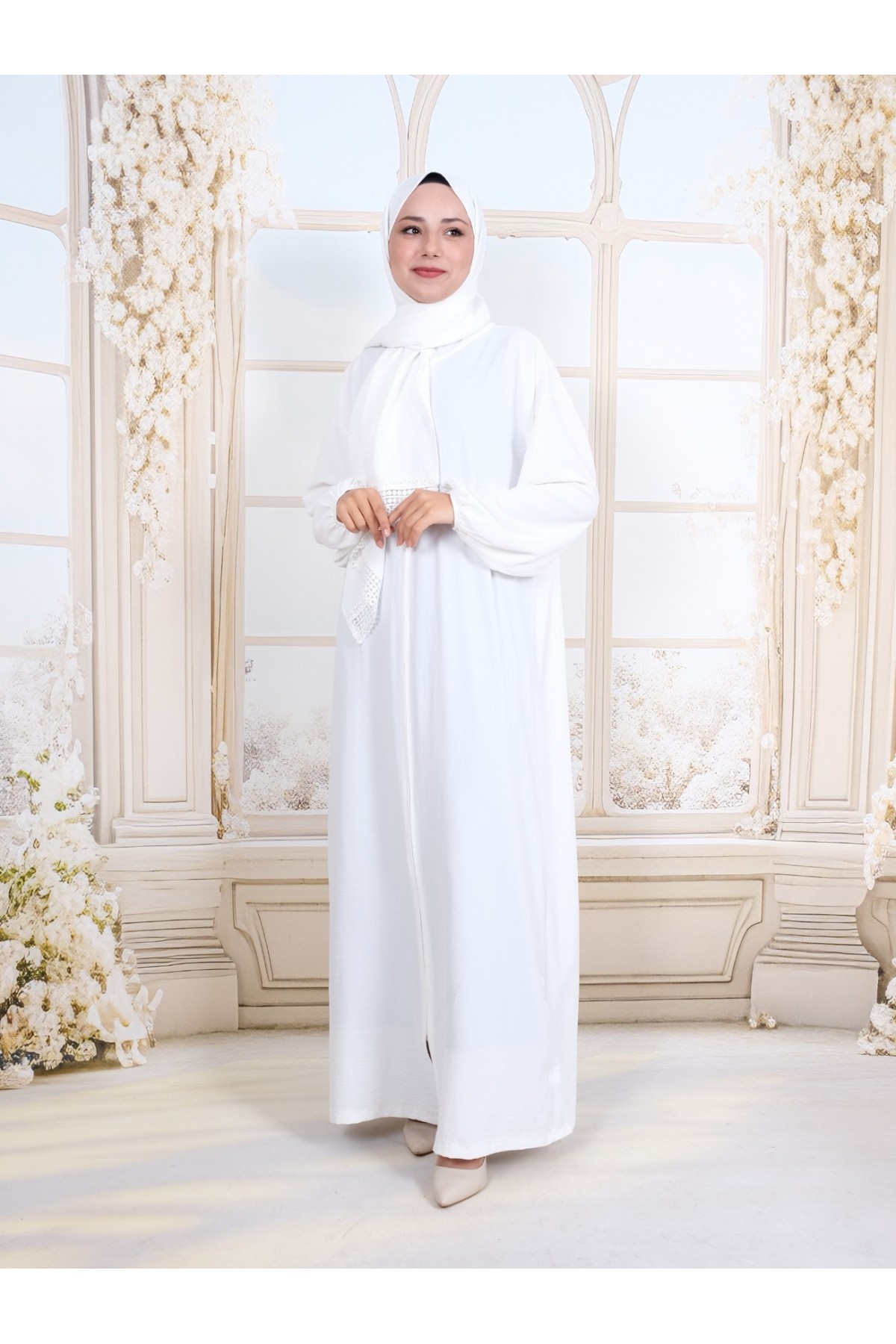 Kendinden Şallı Boydan Fermuarlı İthal Krep Namazlık -Beyaz