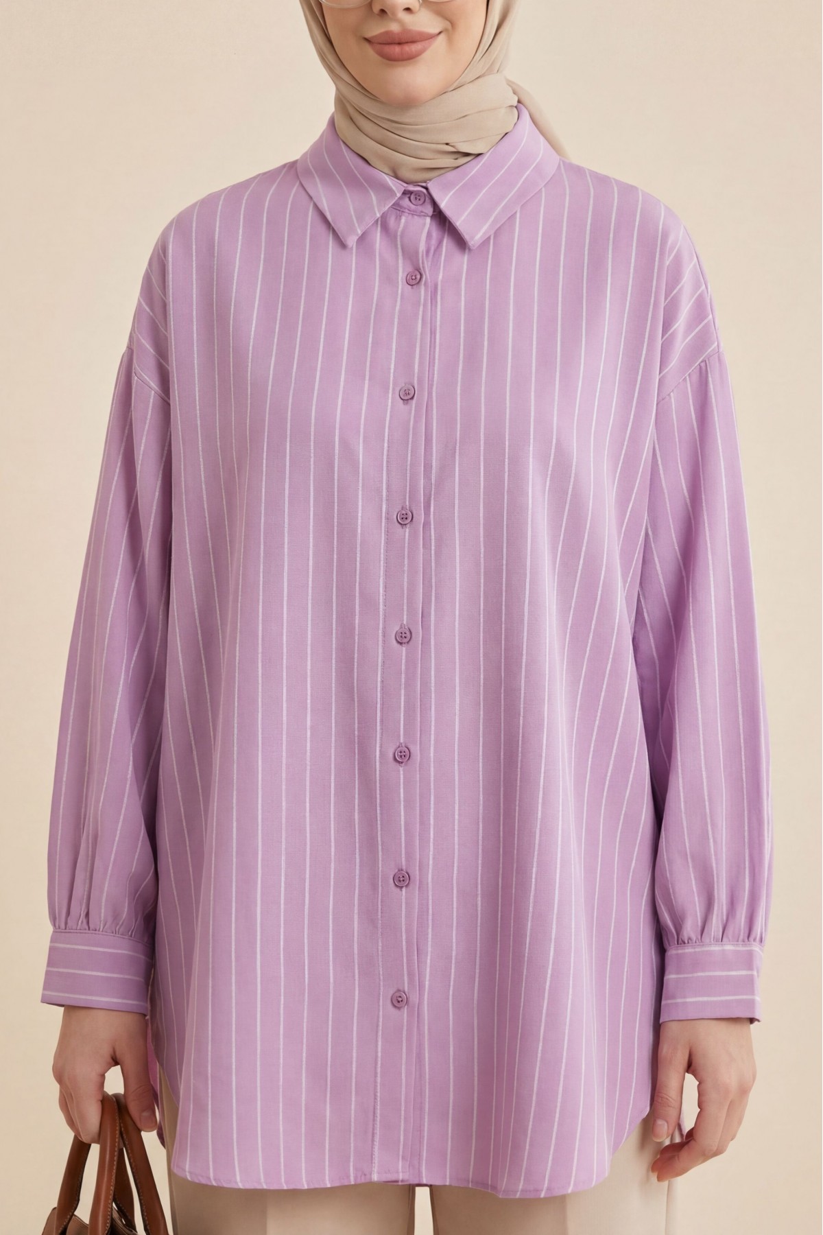 Çizgili Yırtmaçlı Salaş Linda Gömlek -Açık Lila
