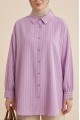 Çizgili Yırtmaçlı Salaş Linda Gömlek -Açık Lila