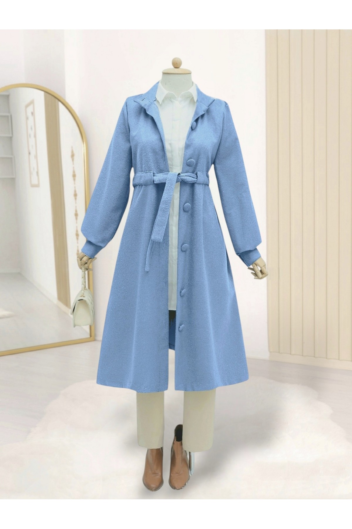 Belden Bağlamalı Top Düğmeli Kaşe Kaban -Mavi