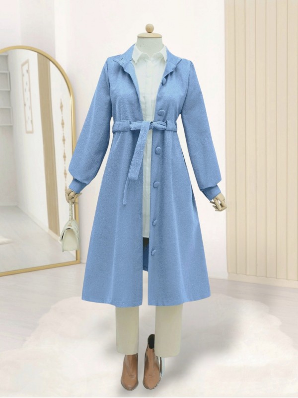 Belden Bağlamalı Top Düğmeli Kaşe Kaban -Mavi